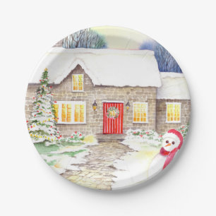 Snowy Cottage Watercolor Painting Paper Plates