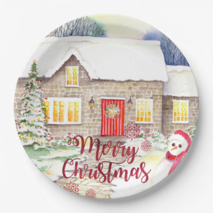 Snowy Cottage Watercolor Painting Paper Plates