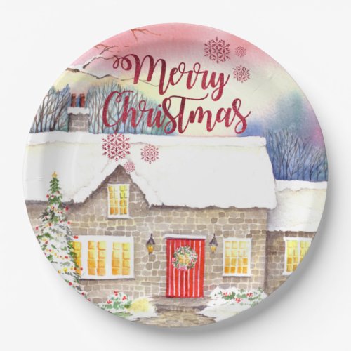 Snowy Cottage Watercolor Painting Paper Plates