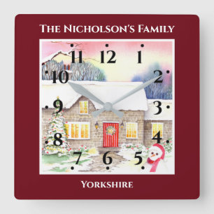 Snowy Cottage Watercolor Painting Red Frame Square Wall Clock