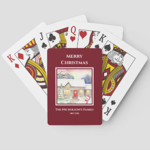 Snowy Cottage Watercolor Painting Square Red Frame Poker Cards