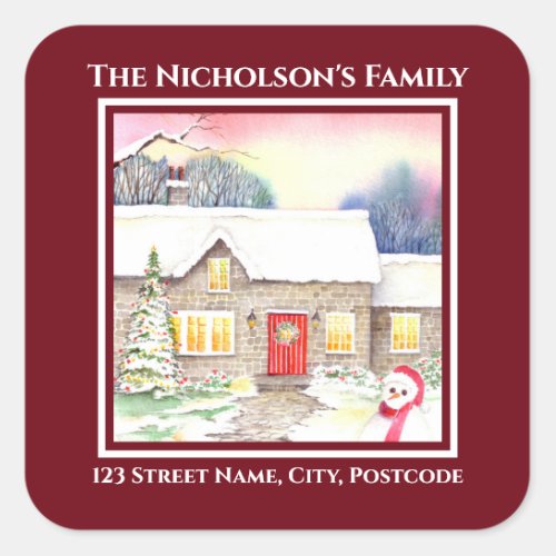 Snowy Cottage Watercolor Painting Square Red Frame Square Sticker
