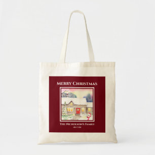 Snowy Cottage Watercolor Painting Square Red Frame Tote Bag