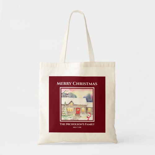 Snowy Cottage Watercolor Painting Square Red Frame Tote Bag