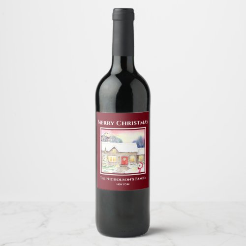 Snowy Cottage Watercolor Painting Square Red Frame Wine Label