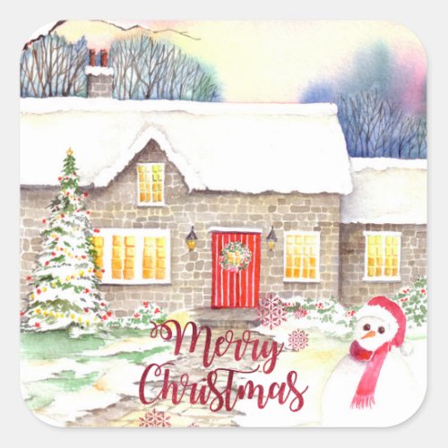 Snowy Cottage Watercolor Painting Square Sticker