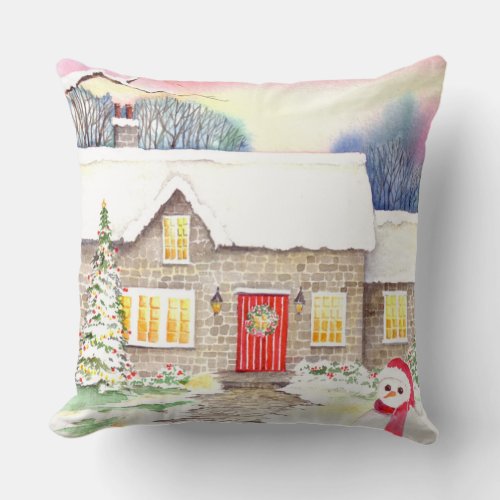 Snowy Cottage Watercolor Painting Throw Pillow