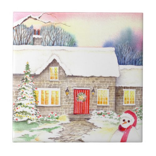 Snowy Cottage Watercolor Painting Tile