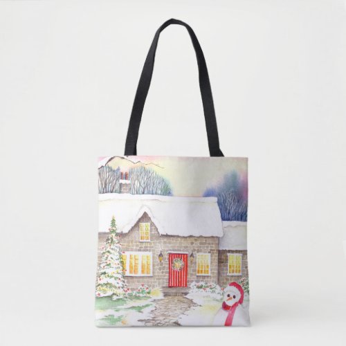 Snowy Cottage Watercolor Painting Tote Bag