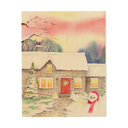 Snowy Cottage Watercolor Painting Wood Wall Decor
