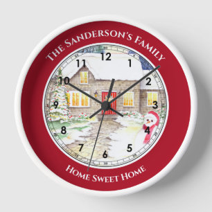 Snowy Cottage Watercolor Roman Numbers Large Clock