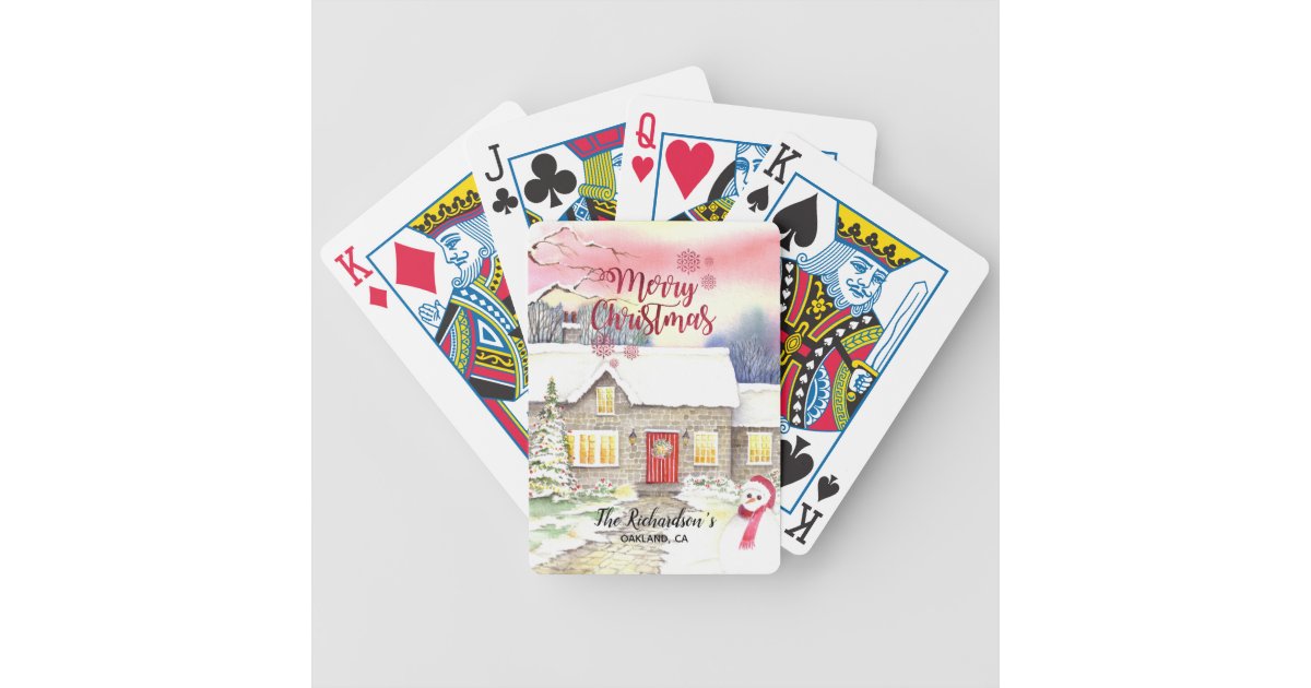 Snowy Cottage Watercolour Christmas Painting Bicycle Playing Cards Zazzle Com