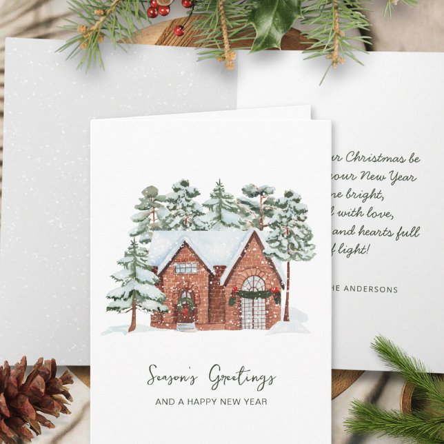 Snowy Cottage Winter Scene Pine Trees Christmas Card (Creator Uploaded)