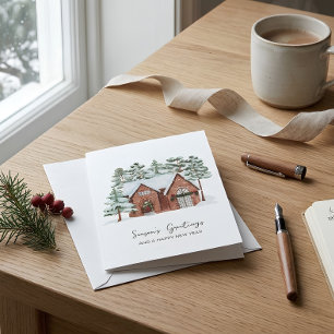 Snowy Cottage Winter Scene Pine Trees Christmas Card