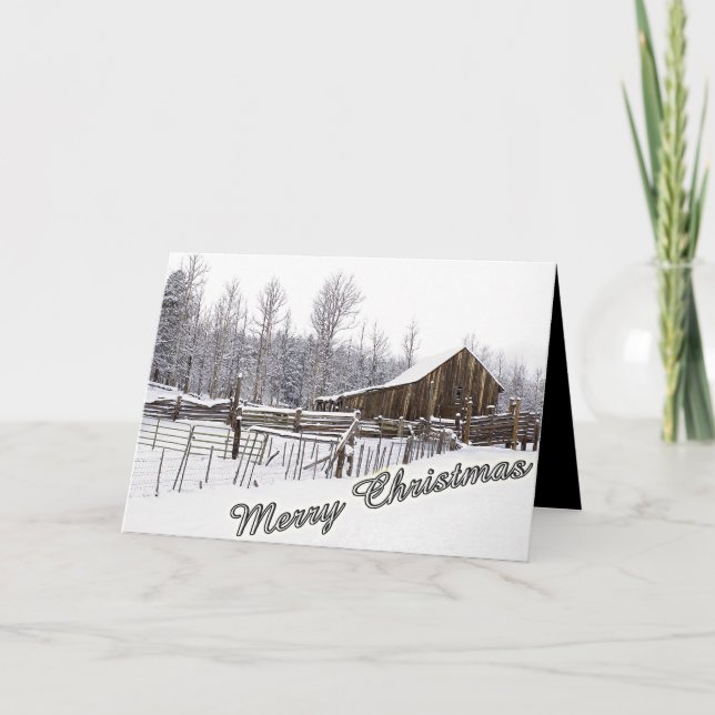 Snowy Country Barn Photograph Typography Custom Holiday Card (Front)