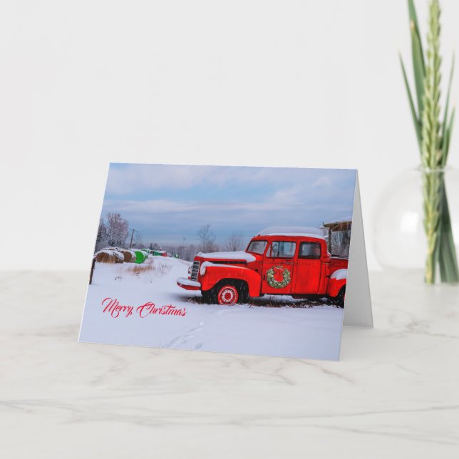 Snowy Country Christmas with Red Truck Holiday Card (Front)