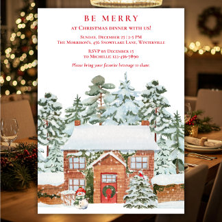 Snowy Country Cottage Christmas Dinner Invitation