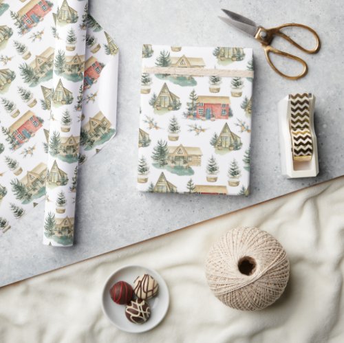 Snowy Cozy Cottage Fir Trees Holiday Christmas  Wrapping Paper