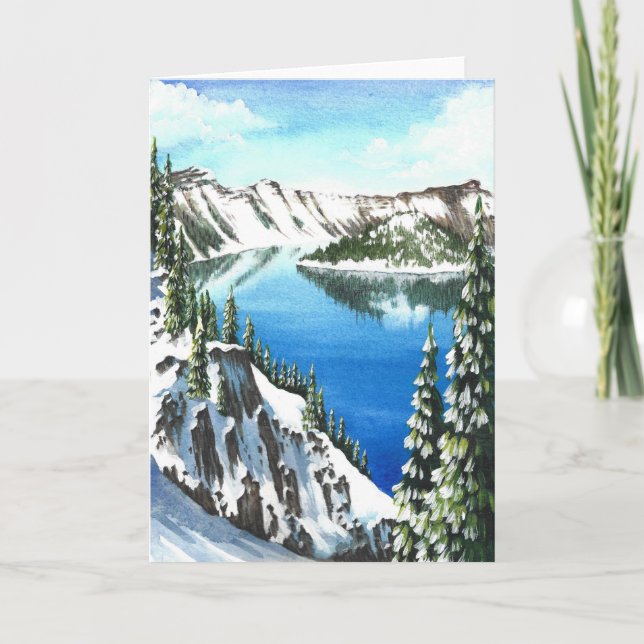 Snowy Crater Lake Holiday Card (Front)