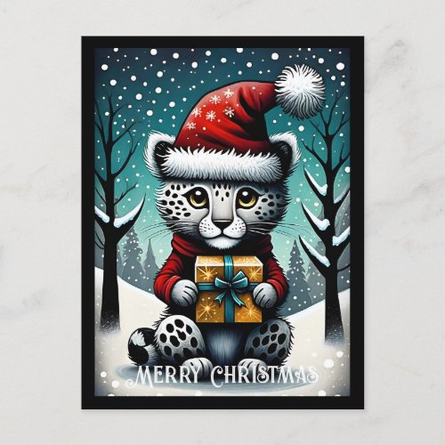 Snowy Cute Baby Snow Leopard Santa Christmas Gift Postcard