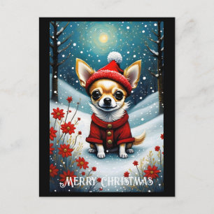 Snowy Cute Chihuahua Floral Santa Christmas Postcard