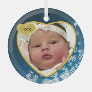 Snowy Dark Blue Baby's Birth Year Photo Christmas Glass Ornament
