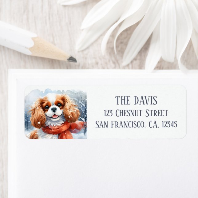 Snowy day Cavalier King Charles with a scarf Label (Insitu)