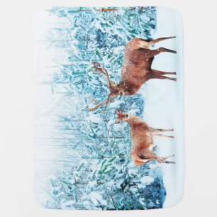 Snowy Deer Family Winter Scene Baby Blanket