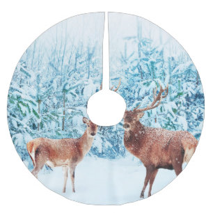 Snowy Deer Family Winter Scene Brushed Polyester Tree Skirt