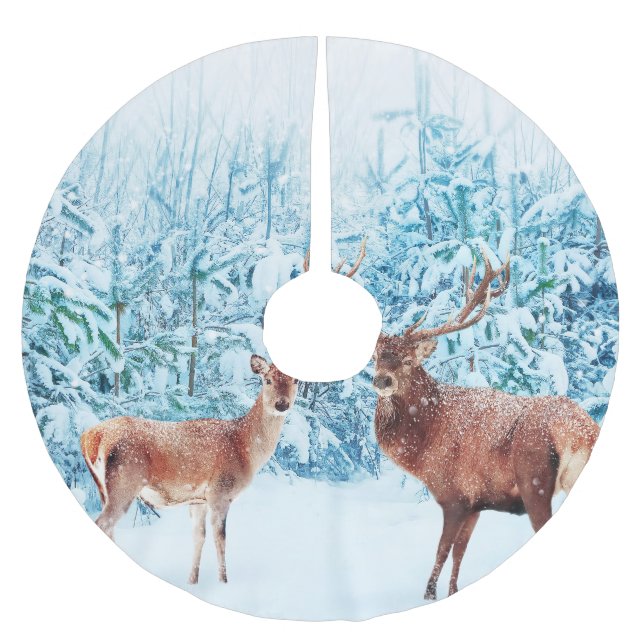Snowy Deer Family Winter Scene Brushed Polyester Tree Skirt (Front)