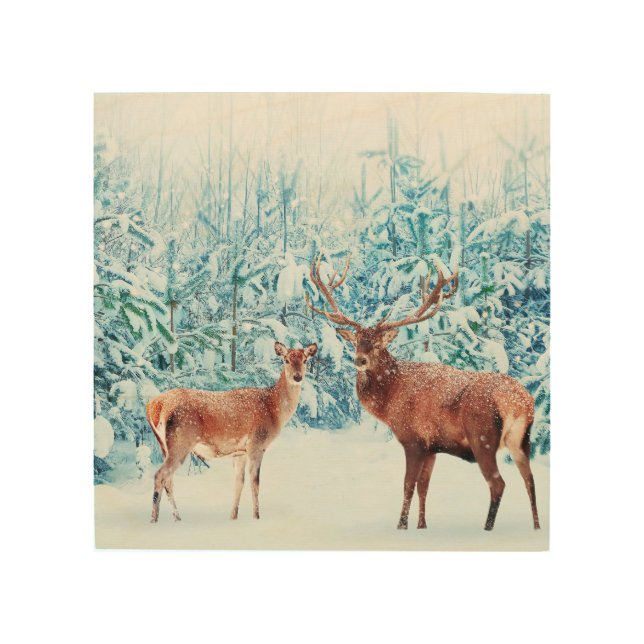 Snowy Deer Family Winter Scene Wood Wall Art (Front)