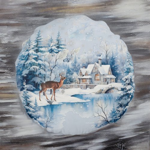 Snowy Deer in Forest near Lake House in Winter Round Pillow