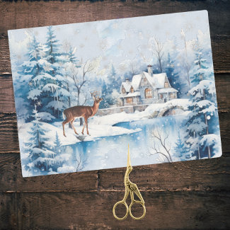 Snowy Deer in Forest near Lake House in Winter
