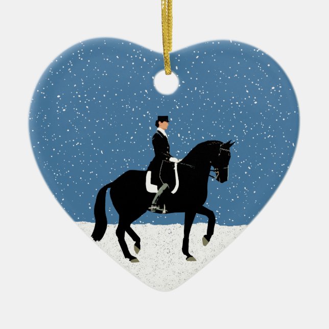 Snowy Dressage Horse Christmas Ceramic Ornament (Front)