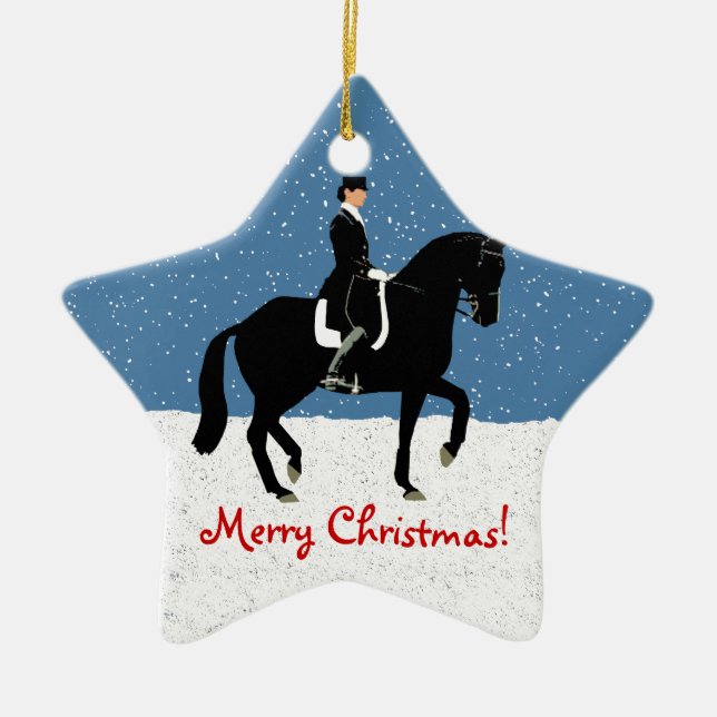 Snowy Dressage Horse Christmas Ceramic Ornament (Front)
