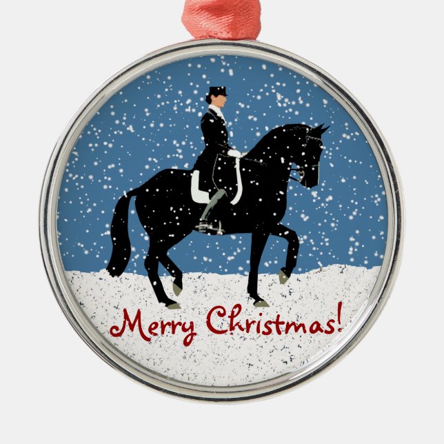 Snowy Dressage Horse Christmas Metal Ornament (Front)