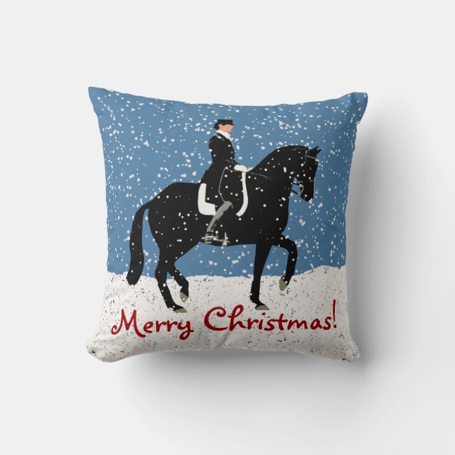 Snowy Dressage Horse Christmas Throw Pillow (Front)