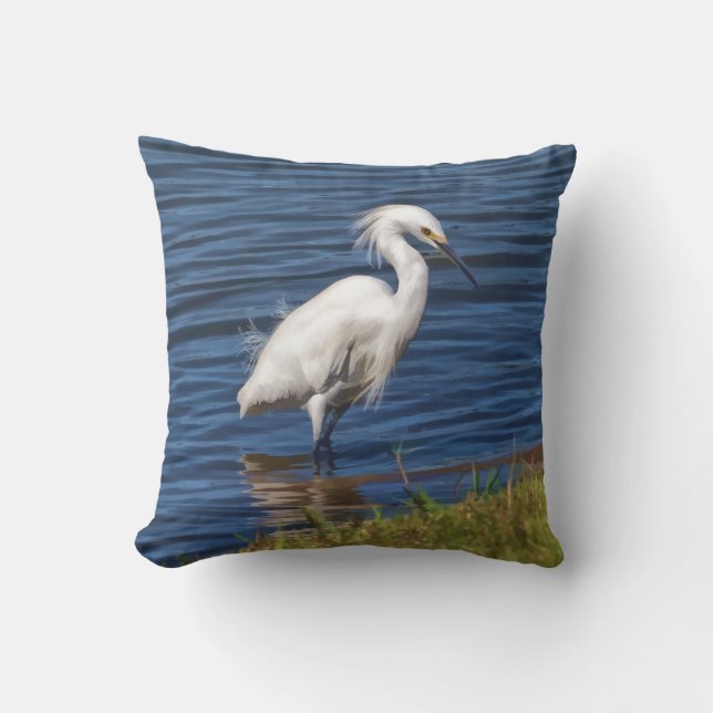 Snowy Egret at the Pond Throw Pillow (Front)