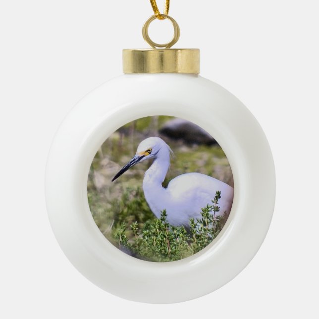 Snowy Egret Ceramic Ball Christmas Ornament (Front)