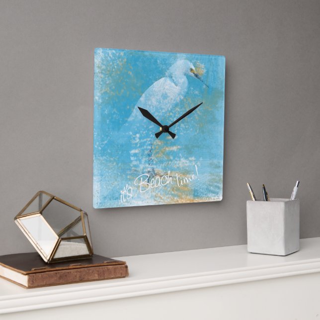 Snowy Egret Clock It's Beach Time! (Office)