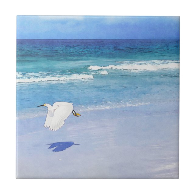 Snowy Egret Coastal Watercolor Ceramic Tile (Front)