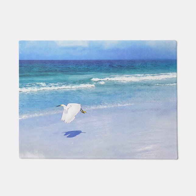 Snowy Egret Coastal Watercolor Doormat (Front)