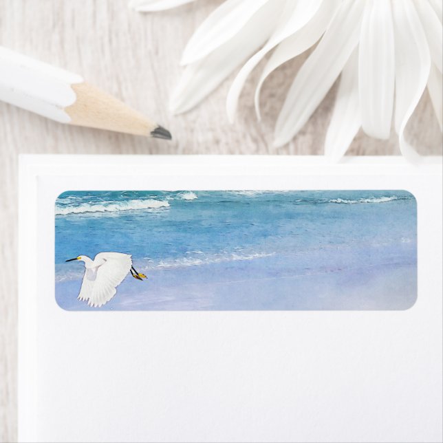 Snowy Egret Coastal Watercolor Label (Insitu)