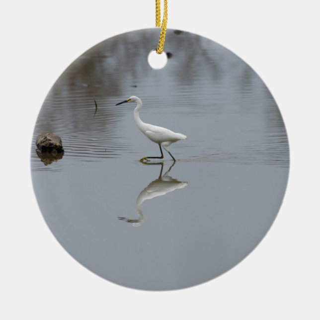 "Snowy Egret on the Hunt" Ceramic Ornament (Front)
