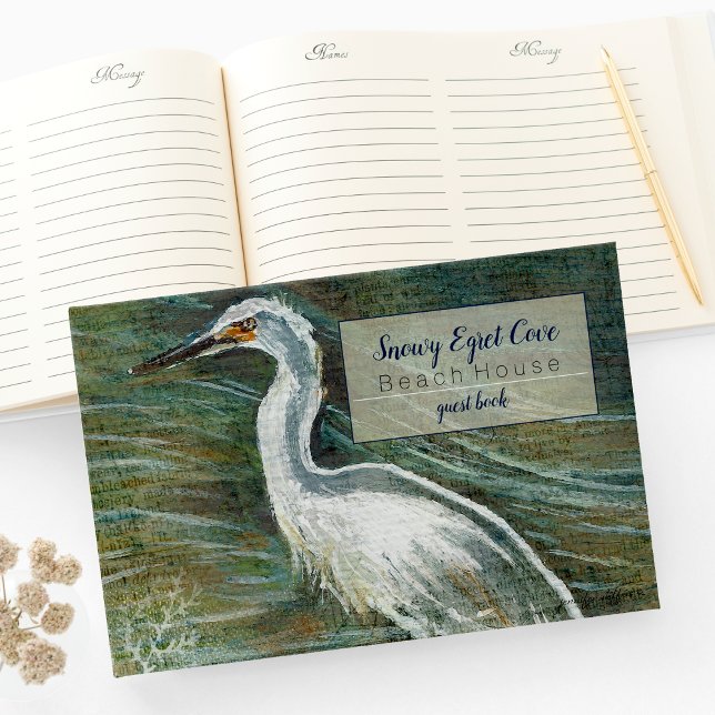 Snowy Egret Shorebird Beach House Guest Book (Gorgeous Egret Shorebird Wading Water Guest Book from Jenn's Emporium. )