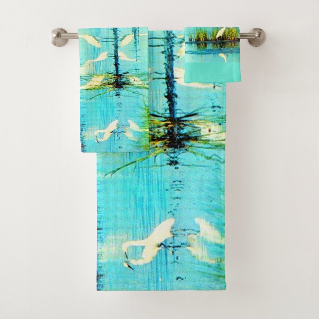 snowy egrets print bath towel set (Insitu)