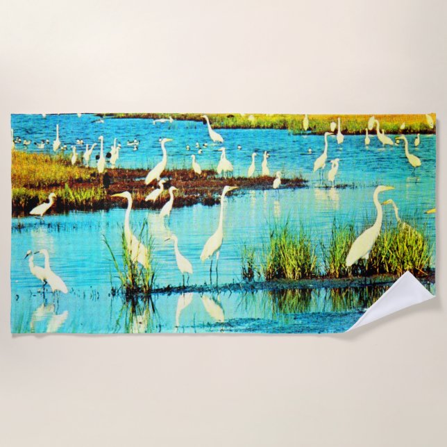 snowy egrets print beach towel (Front)