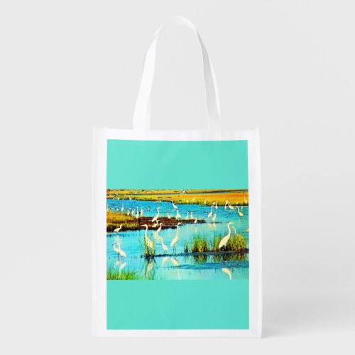 snowy egrets reusable grocery bag