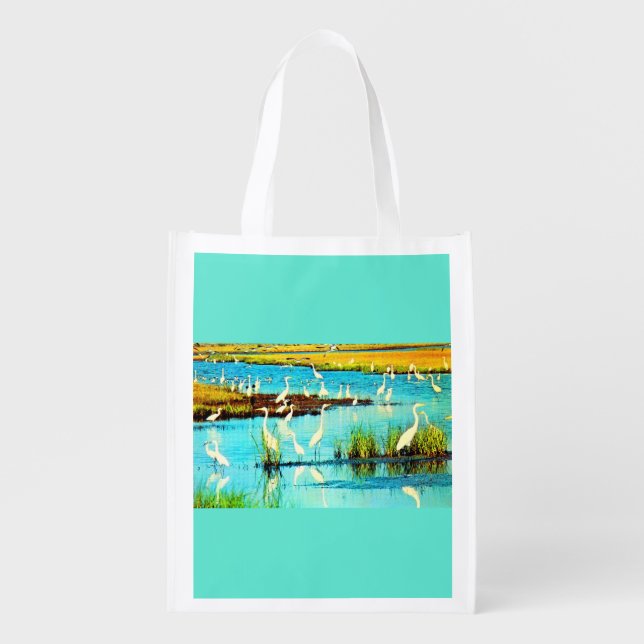 snowy egrets reusable grocery bag (Front)