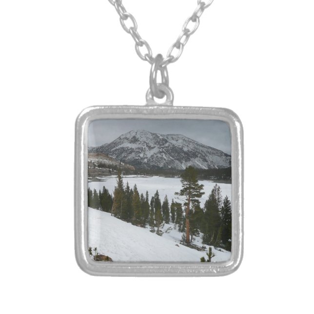 Snowy Ellery Lake California Winter Landscape Silver Plated Necklace (Front)
